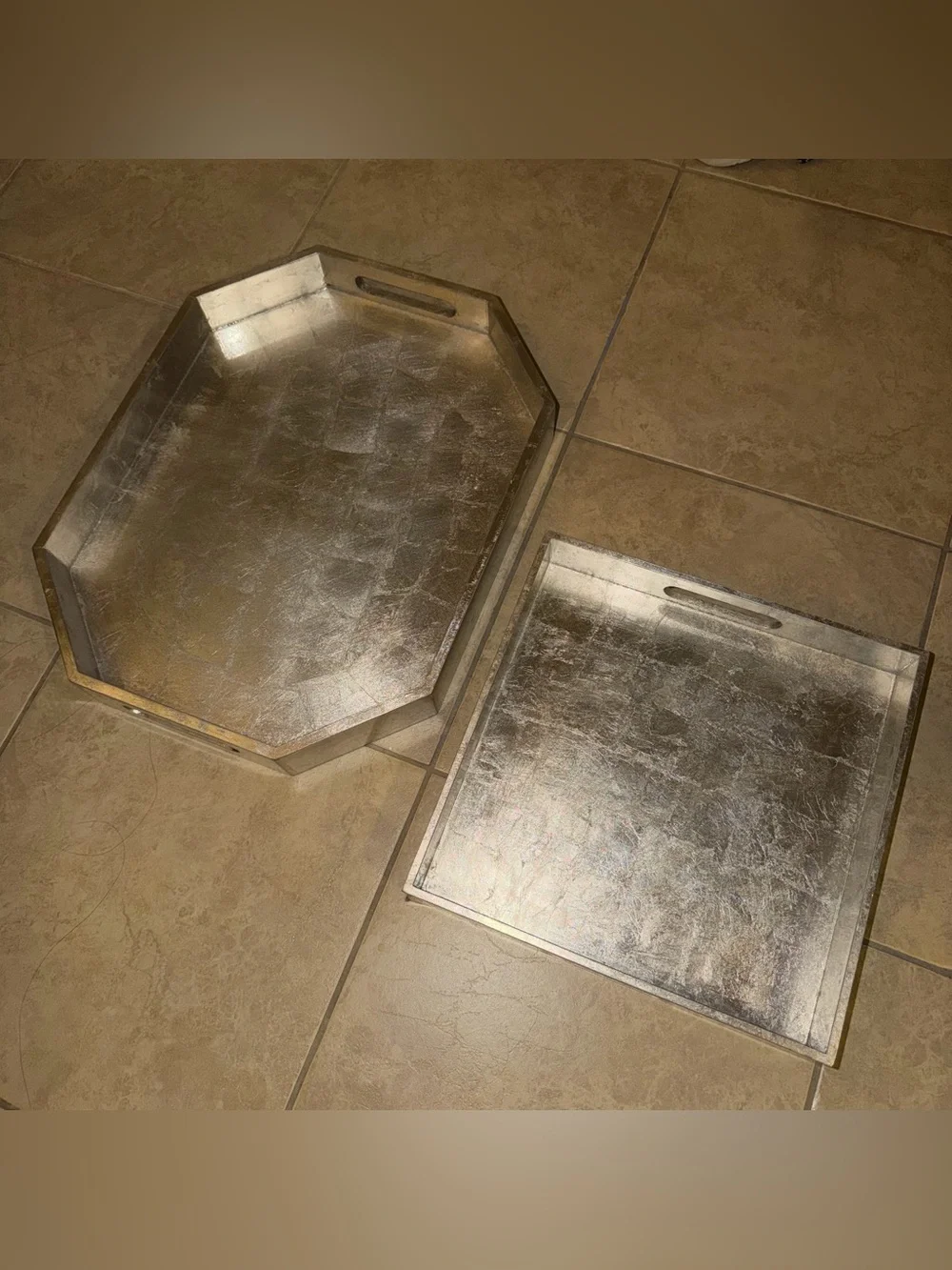 Set of 2 West Elm Silver Lacquer Decorative Wood Trays